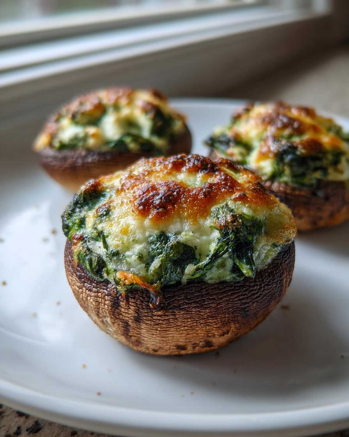 Three baked Spinach and Feta Stuffed Mushrooms with golden, melted cheese topping served on a white plate.