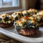 Close-up of baked Spinach and Feta Stuffed Mushrooms with golden, bubbly cheese topping on a white platter.