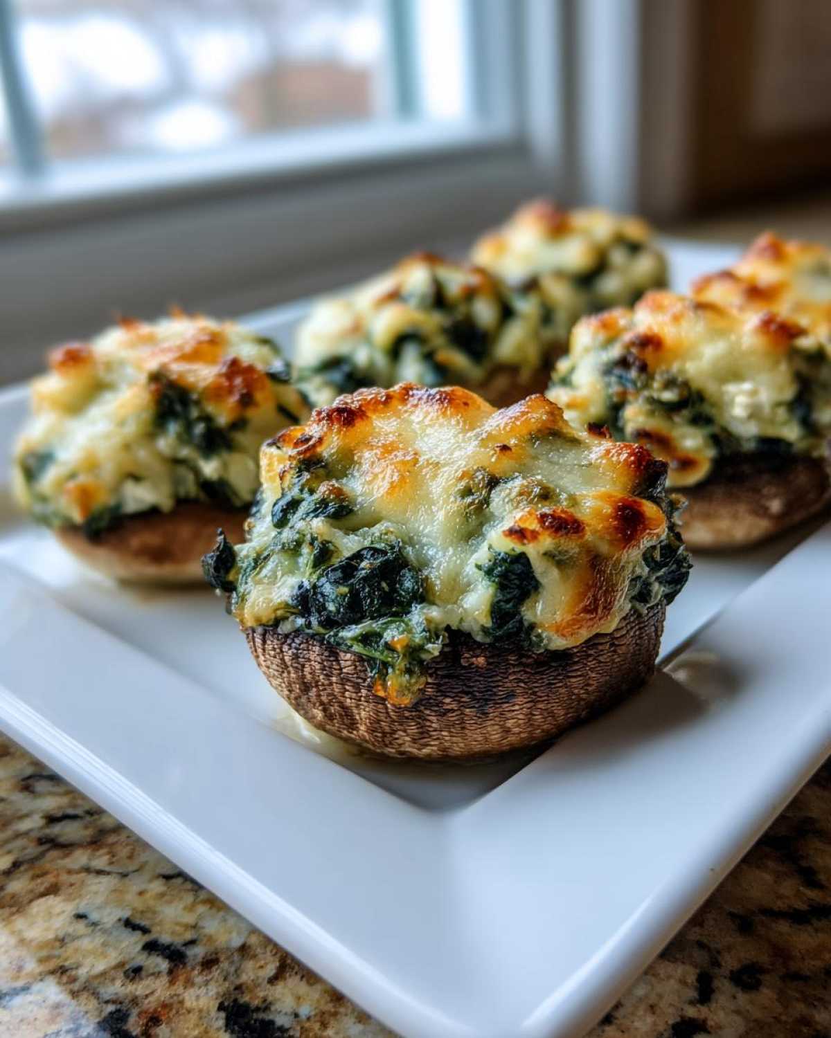 Close-up of baked Spinach and Feta Stuffed Mushrooms with melted, browned cheese topping on a white platter.