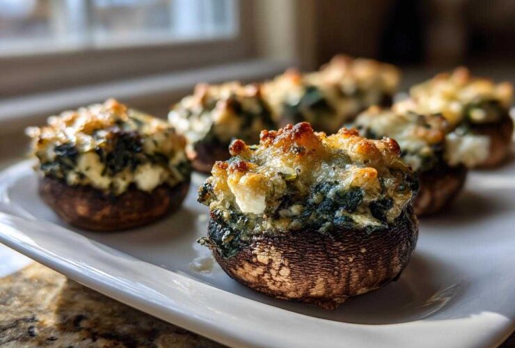 Close-up of baked Spinach and Feta Stuffed Mushrooms with golden, bubbly cheese topping on a white platter.