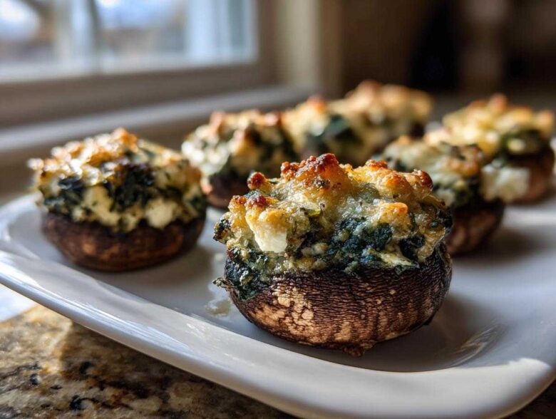 Close-up of baked Spinach and Feta Stuffed Mushrooms with golden, bubbly cheese topping on a white platter.