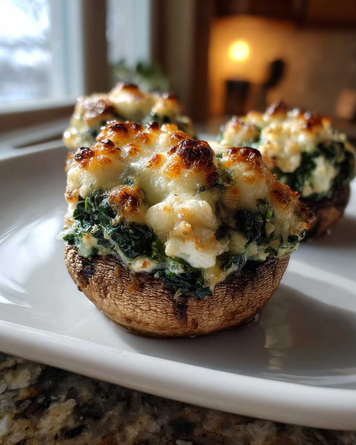 A close-up of baked Spinach and Feta Stuffed Mushrooms with a golden, melted cheese topping.