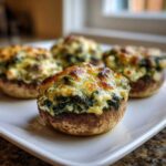 A close-up of freshly baked Spinach and Feta Stuffed Mushrooms with golden, melted cheese topping.