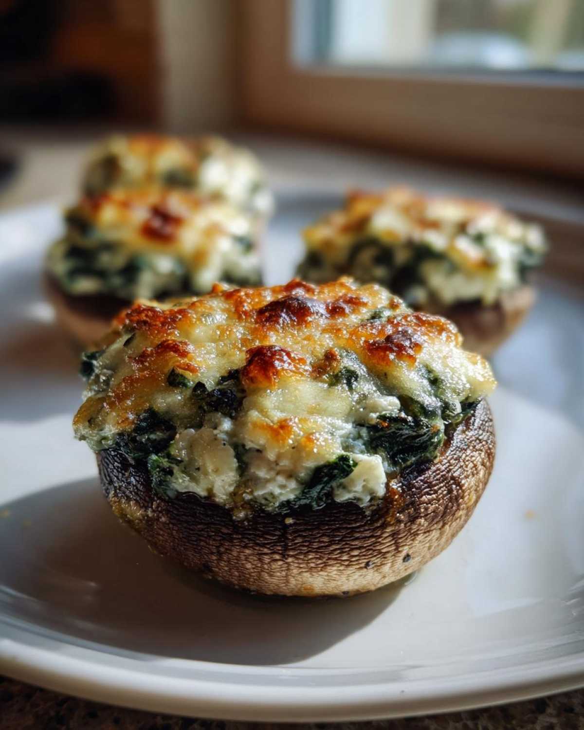 A close-up of a perfectly baked Spinach and Feta Stuffed Mushroom with a golden, melted cheese topping.