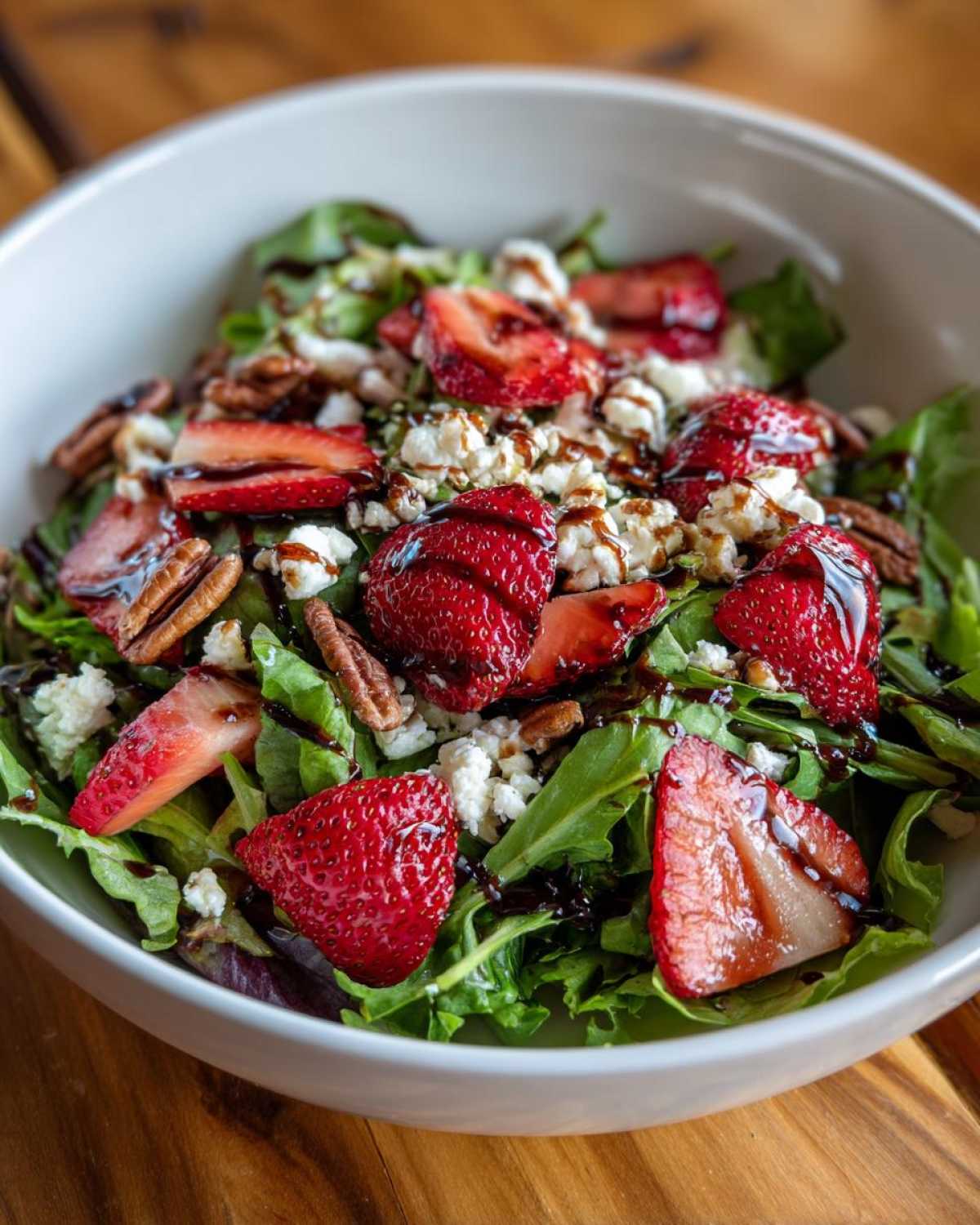 Close-up of a vibrant Spring Mix Salad with Strawberries and Goat Cheese, topped with pecans and balsamic glaze.