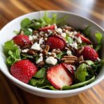 Close-up of a vibrant Spring Mix Salad with Strawberries and Goat Cheese, topped with pecans and balsamic glaze.