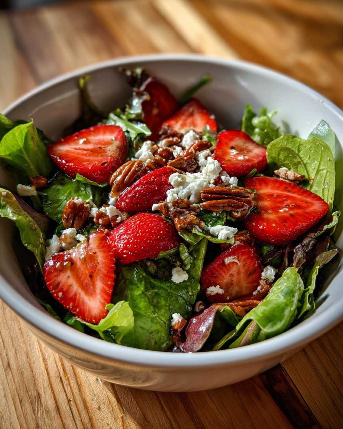 A close-up bowl featuring a vibrant Spring Mix Salad with Strawberries and Goat Cheese, topped with pecans.