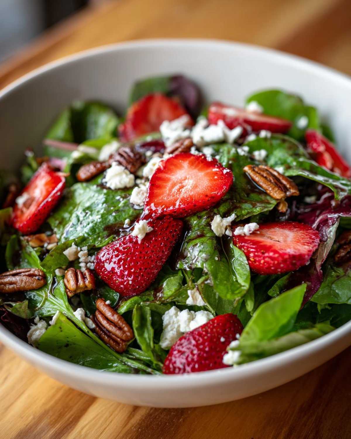 Close-up of a vibrant Spring Mix Salad with Strawberries and Goat Cheese, pecans, and balsamic glaze.