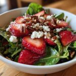 Close-up of a vibrant Spring Mix Salad with Strawberries and Goat Cheese, topped with pecans and balsamic glaze.