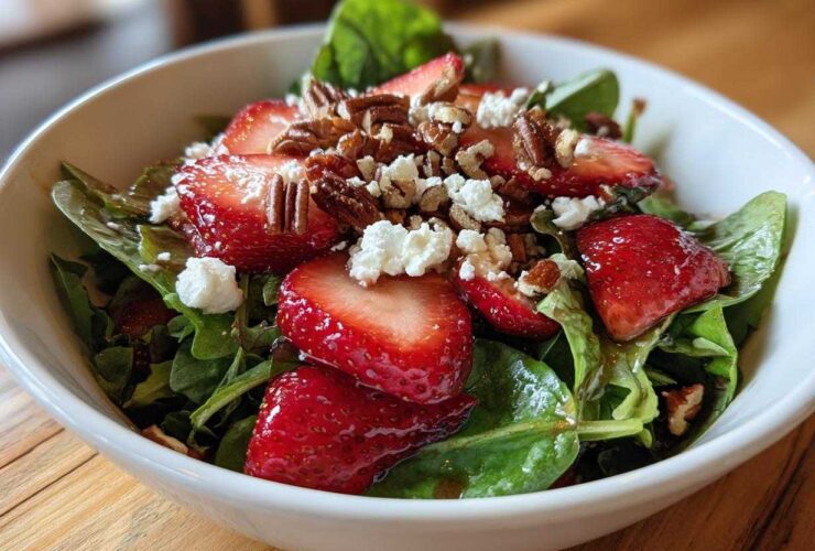 Close-up of a vibrant Spring Mix Salad with Strawberries and Goat Cheese, topped with pecans and balsamic glaze.