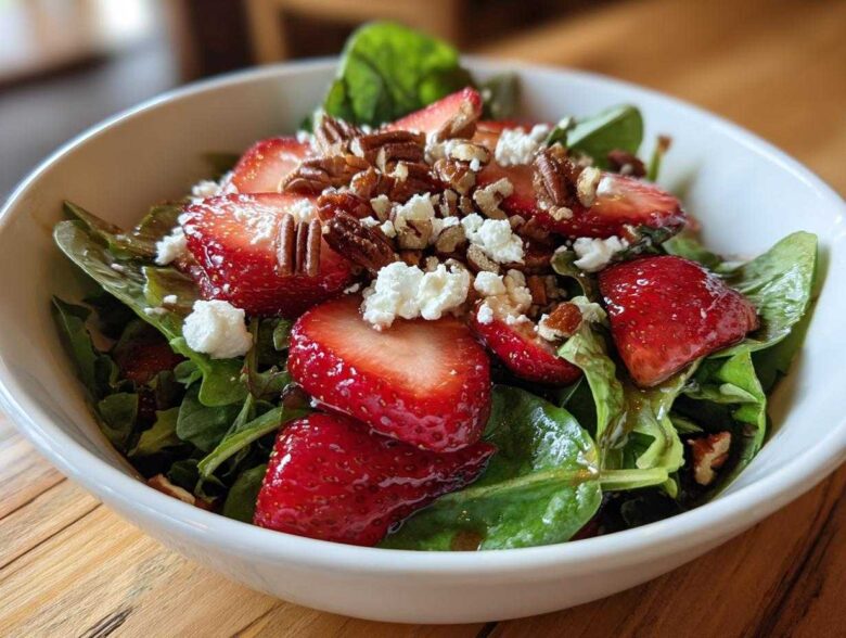 Close-up of a vibrant Spring Mix Salad with Strawberries and Goat Cheese, topped with pecans and balsamic glaze.