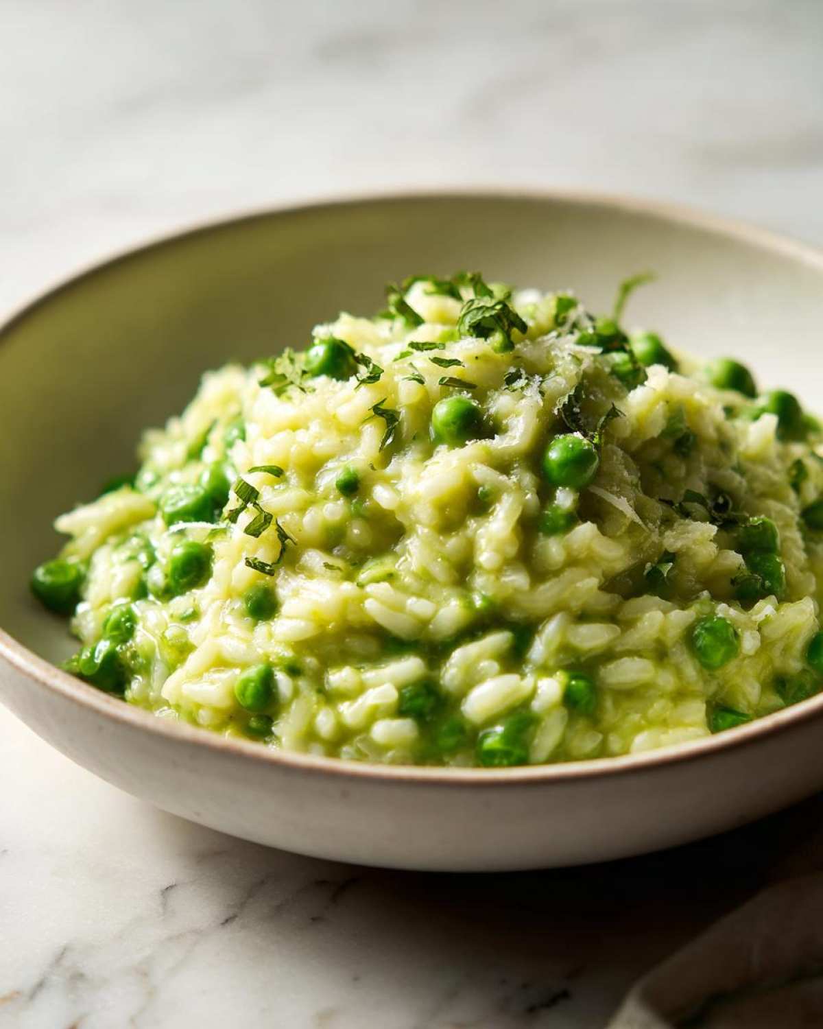 Close-up of creamy Spring Pea and Mint Risotto topped with grated cheese and fresh mint.
