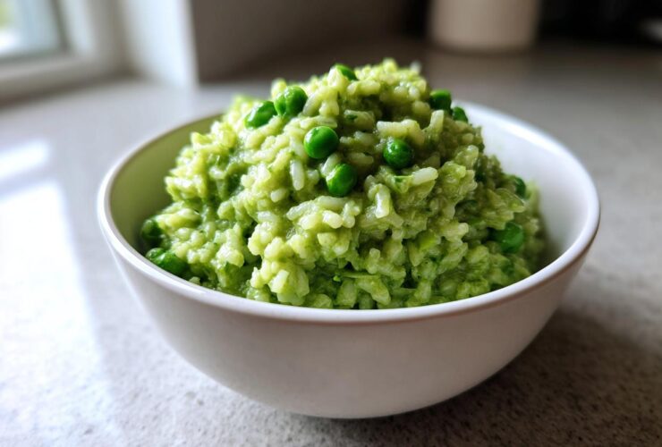 A close-up of creamy Spring Pea and Mint Risotto, topped with whole peas, served in a white bowl.