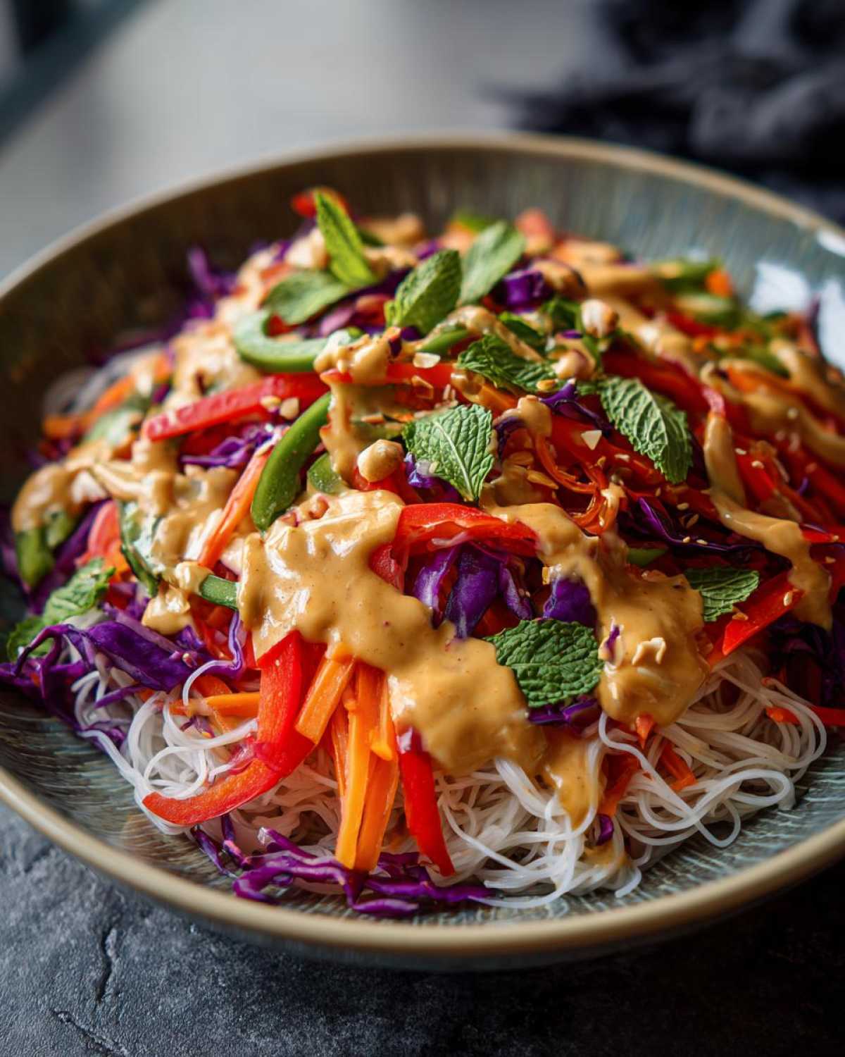 Close-up of a vibrant Spring Roll Bowl with Peanut Sauce, featuring rice noodles, shredded cabbage, peppers, and mint.
