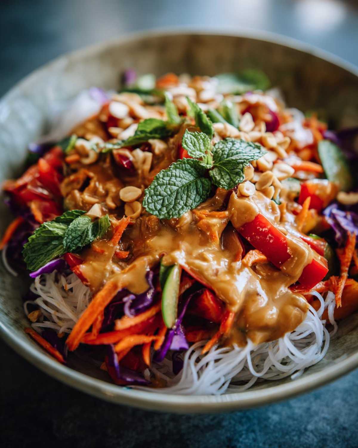 Close-up of a fresh Spring Roll Bowl with Peanut Sauce, rice noodles, shredded vegetables, and mint garnish.