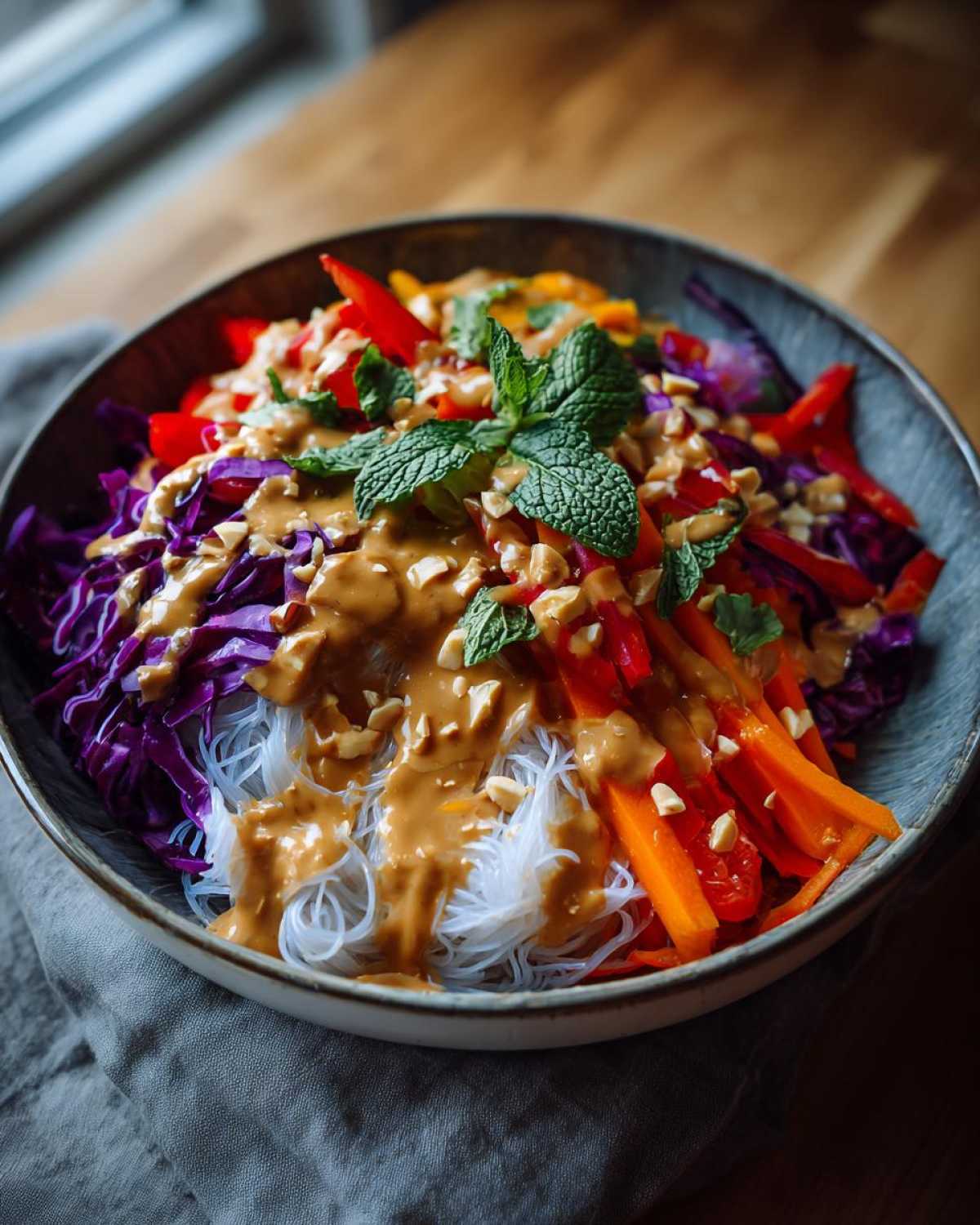 Close-up of a colorful Spring Roll Bowl with Peanut Sauce, featuring rice noodles, shredded cabbage, carrots, peppers, and mint garnish.