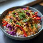 A colorful Spring Roll Bowl with Peanut Sauce featuring rice noodles, shredded cabbage, carrots, red pepper, and mint.