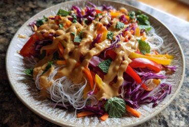 Vibrant Spring Roll Bowl with Peanut Sauce drizzled over rice vermicelli noodles, shredded cabbage, and bell peppers.