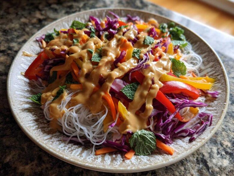 Vibrant Spring Roll Bowl with Peanut Sauce drizzled over rice vermicelli noodles, shredded cabbage, and bell peppers.