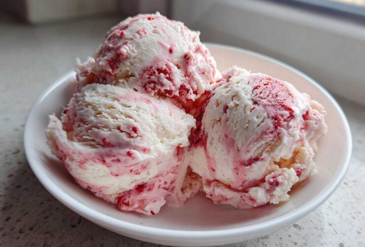 Three scoops of creamy Strawberry Banana Ice Cream swirled with bright red strawberry puree in a white bowl.