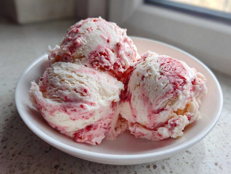 Three scoops of creamy Strawberry Banana Ice Cream swirled with bright red strawberry puree in a white bowl.