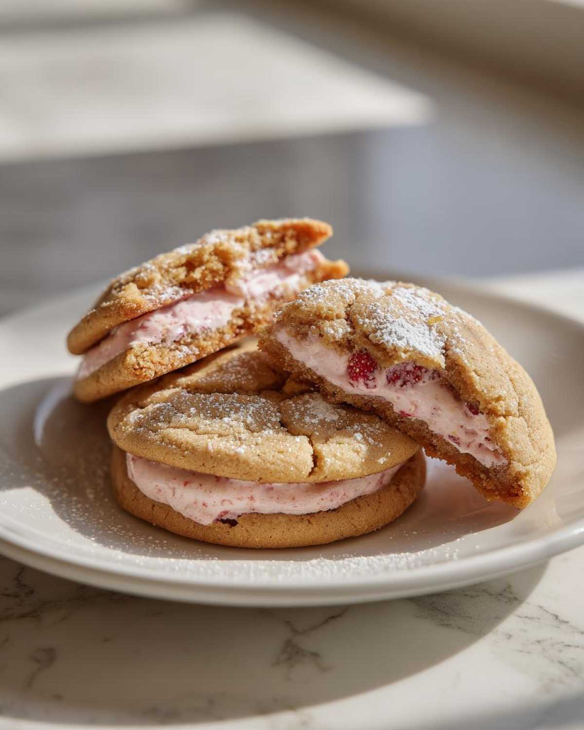 Close-up of three Strawberry Cheesecake Stuffed Cookies, dusted with powdered sugar, on a white plate.