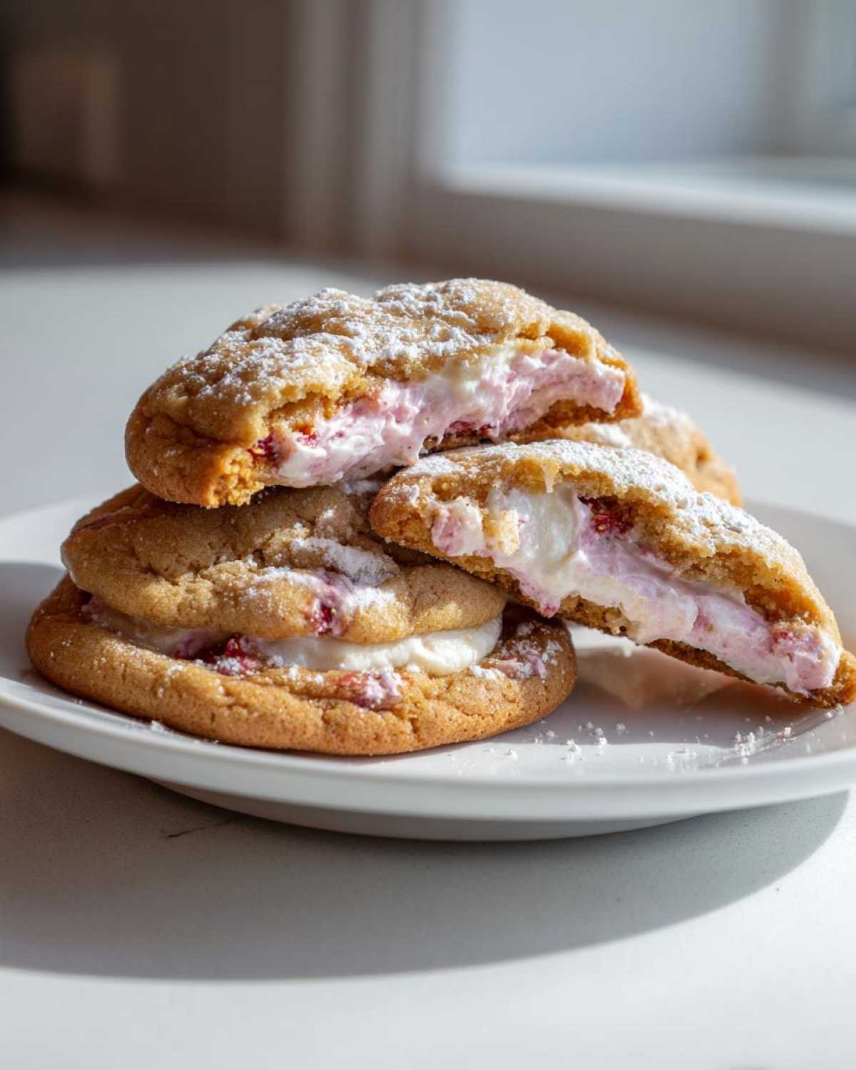A stack of soft Strawberry Cheesecake Stuffed Cookies, dusted with powdered sugar, showing the creamy pink filling.