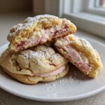 A stack of Strawberry Cheesecake Stuffed Cookies, one split open showing the creamy pink filling.