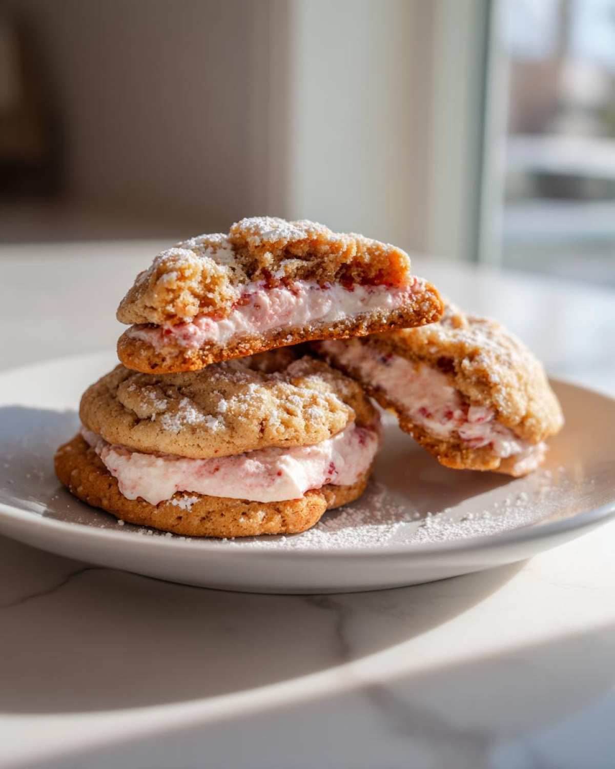 Close-up of Strawberry Cheesecake Stuffed Cookies stacked and dusted with powdered sugar.