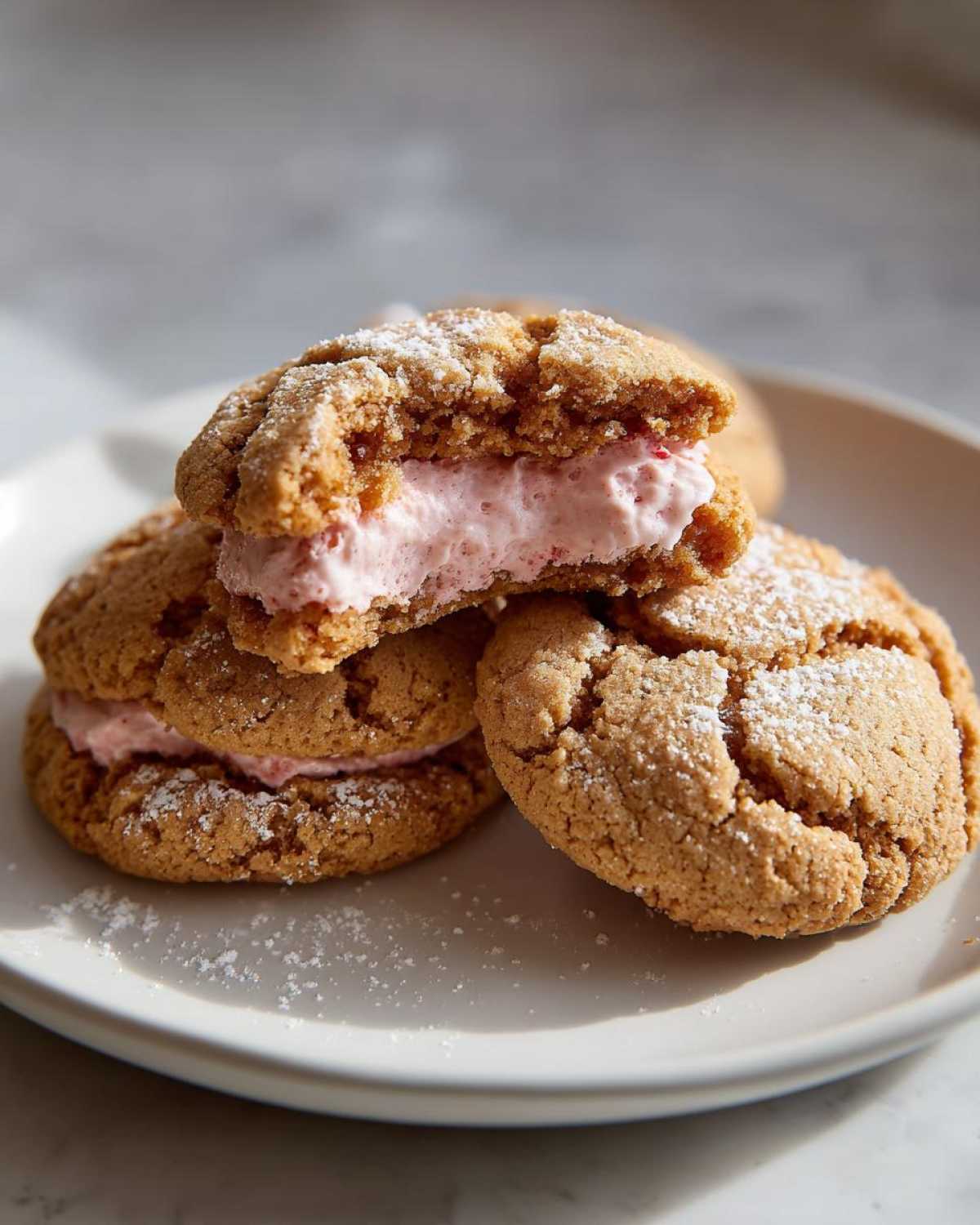 Close-up of Strawberry Cheesecake Stuffed Cookies, one broken open showing pink filling, dusted with powdered sugar.
