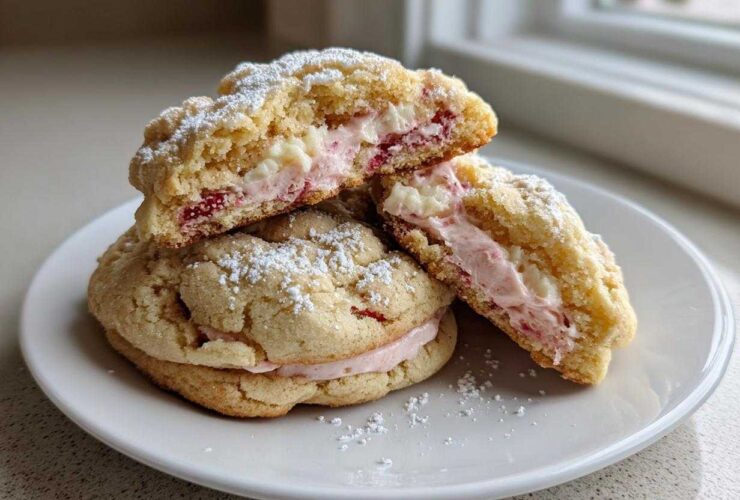 A stack of Strawberry Cheesecake Stuffed Cookies, one split open showing the creamy pink filling.
