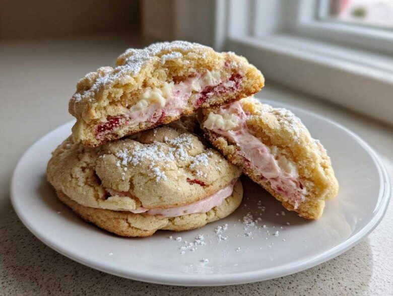 A stack of Strawberry Cheesecake Stuffed Cookies, one split open showing the creamy pink filling.