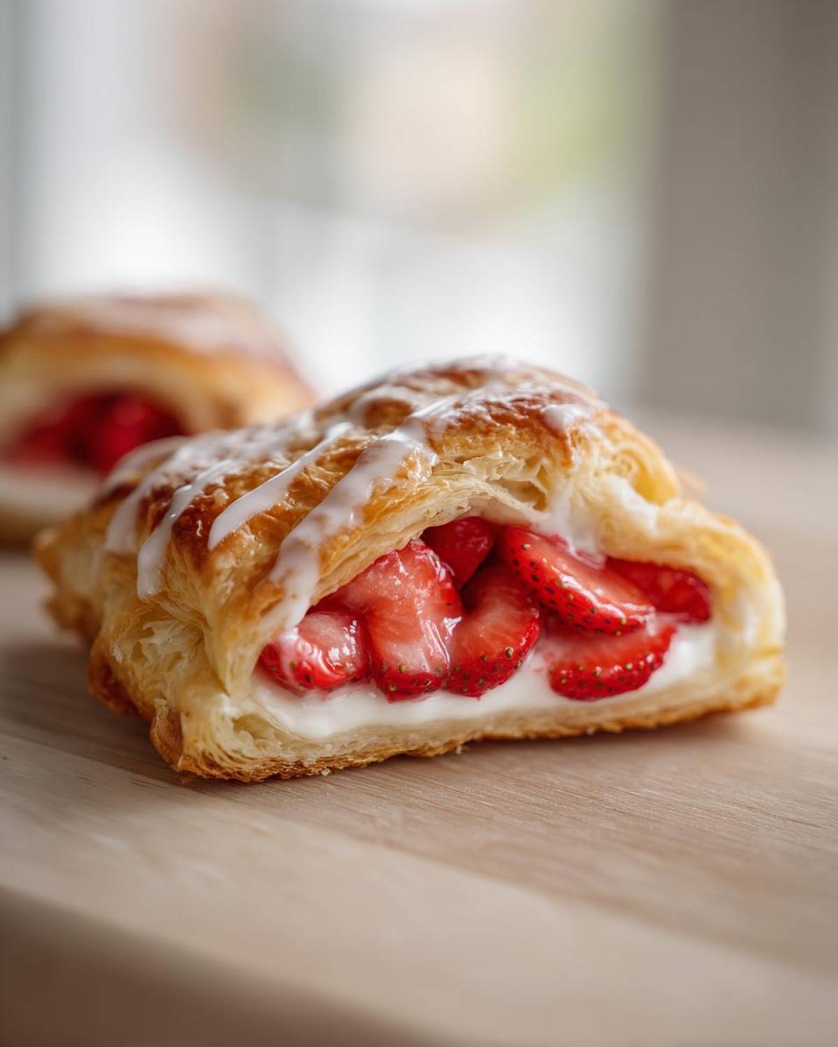 A close-up of a flaky Strawberry Cream Cheese Danish cut in half, revealing cream cheese filling and sliced strawberries, drizzled with icing.