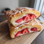 Two halves of a flaky Strawberry Cream Cheese Danish stacked, showing rich cream cheese filling and sliced strawberries, drizzled with white icing.