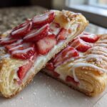 Two halves of a flaky Strawberry Cream Cheese Danish, showing the cream cheese filling and sliced strawberries, drizzled with icing.