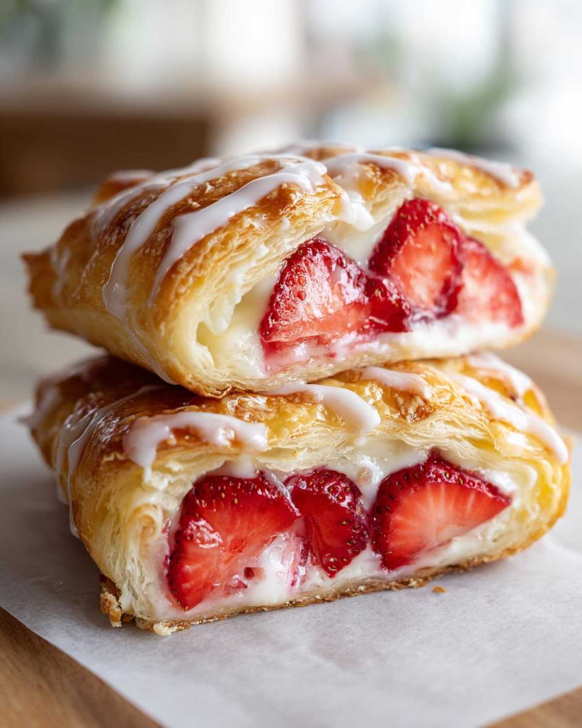 Two halves of a golden, flaky Strawberry Cream Cheese Danish stacked, showing the rich cream cheese filling and sliced strawberries.
