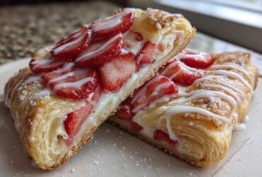 Two halves of a flaky Strawberry Cream Cheese Danish, showing the cream cheese filling and sliced strawberries, drizzled with icing.