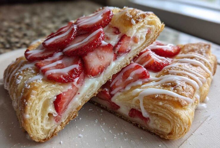 Two halves of a flaky Strawberry Cream Cheese Danish, showing the cream cheese filling and sliced strawberries, drizzled with icing.