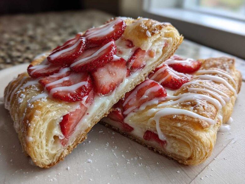 Two halves of a flaky Strawberry Cream Cheese Danish, showing the cream cheese filling and sliced strawberries, drizzled with icing.