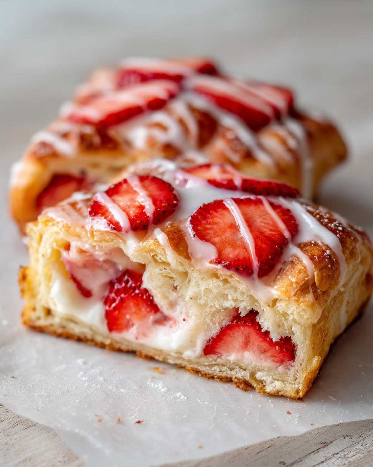 Cross-section view of a flaky Strawberry Cream Cheese Danish filled with cream cheese and topped with sliced strawberries and white glaze.