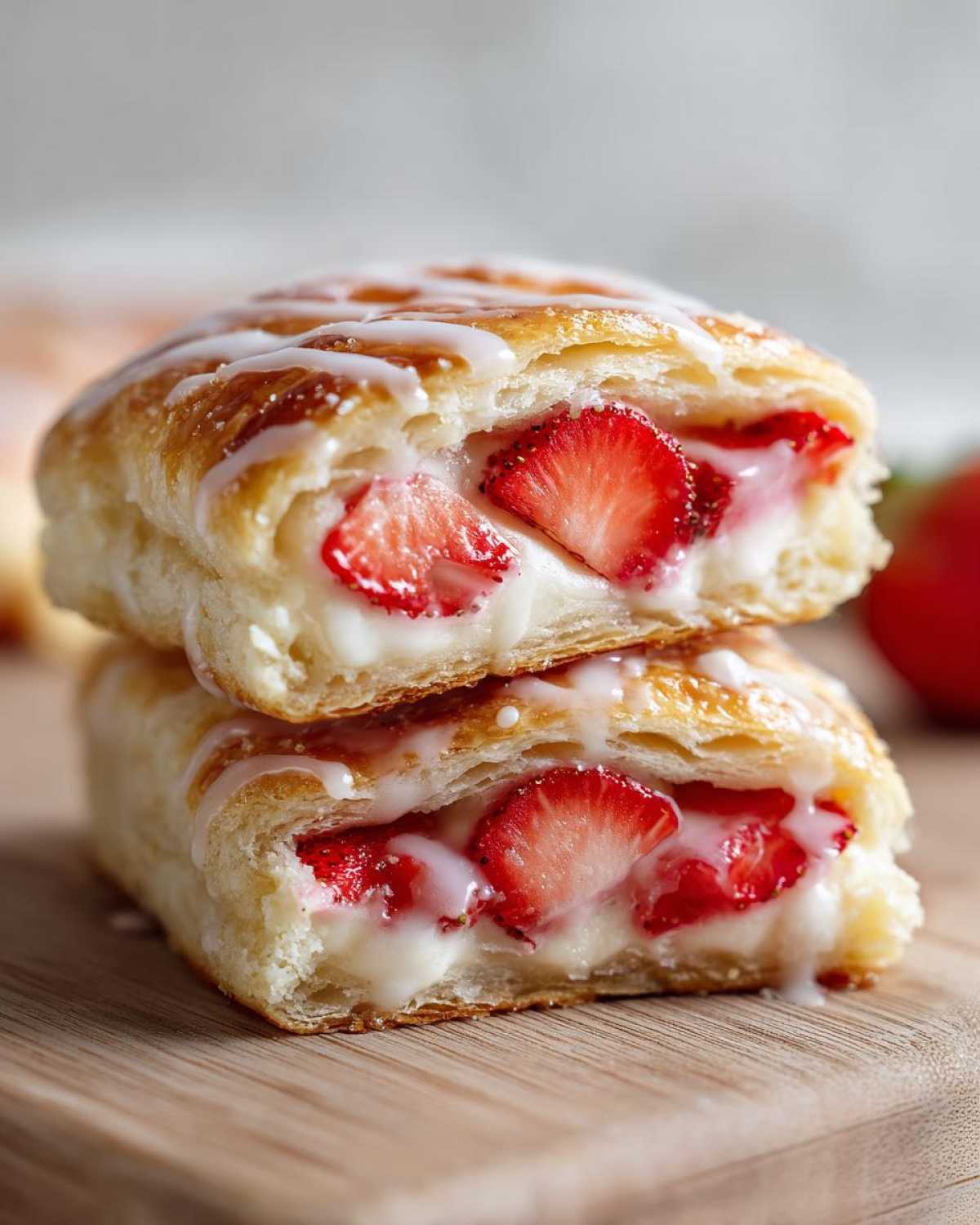 Two halves of a Strawberry Cream Cheese Danish stacked, showing flaky pastry, cream cheese filling, and sliced strawberries.