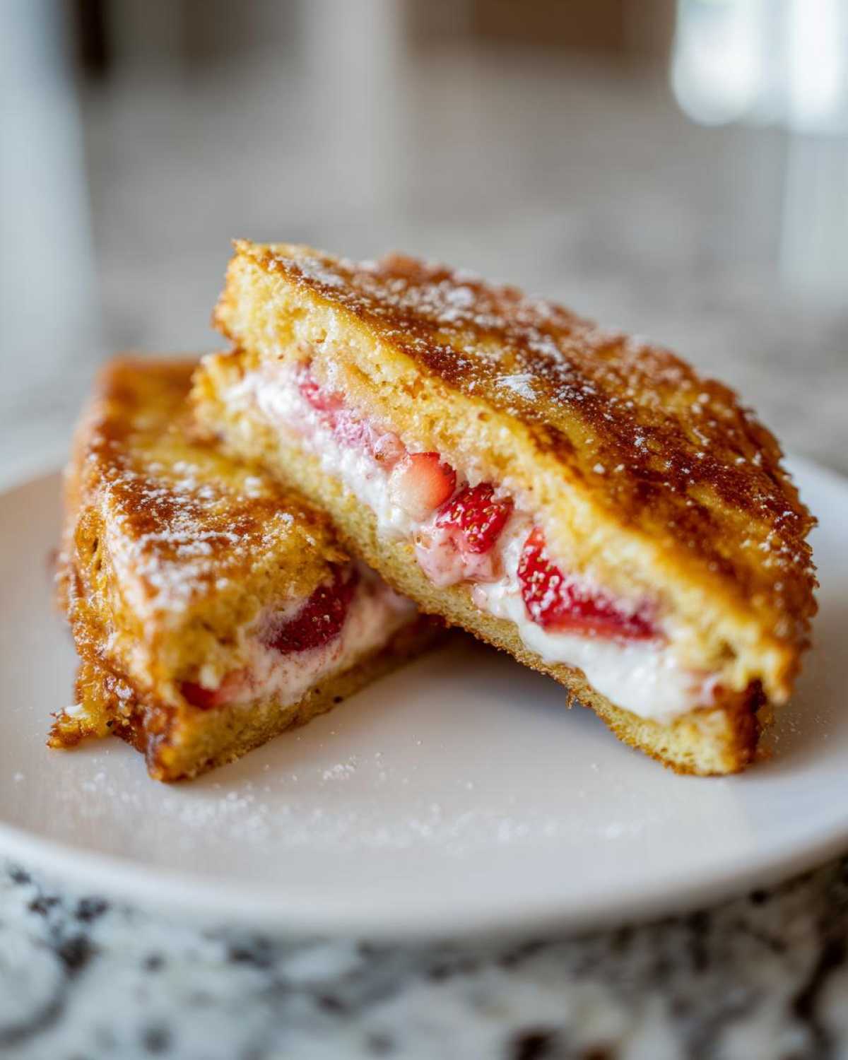 Two halves of golden brown Strawberry Cream Cheese Stuffed French Toast, dusted with powdered sugar, sitting on a white plate.