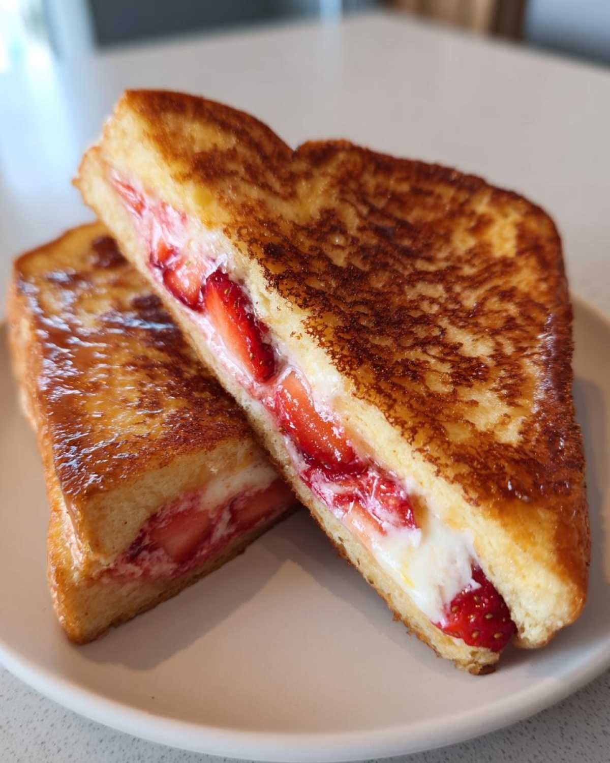 Two halves of golden-brown Strawberry Cream Cheese Stuffed French Toast showing the creamy filling and sliced strawberries.