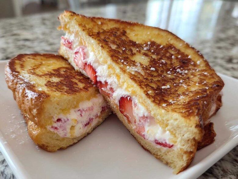 Two halves of golden-brown Strawberry Cream Cheese Stuffed French Toast dusted with powdered sugar.