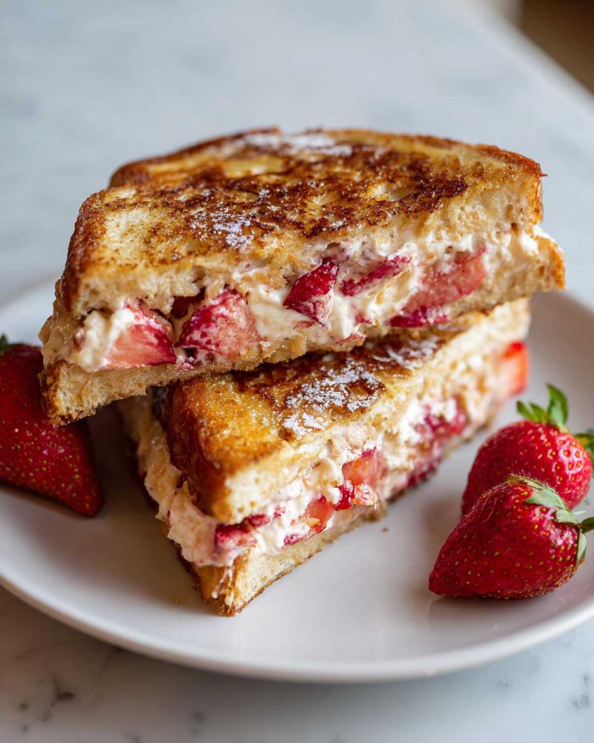 Two halves of Strawberry Cream Cheese Stuffed French Toast stacked on a white plate with fresh strawberries.