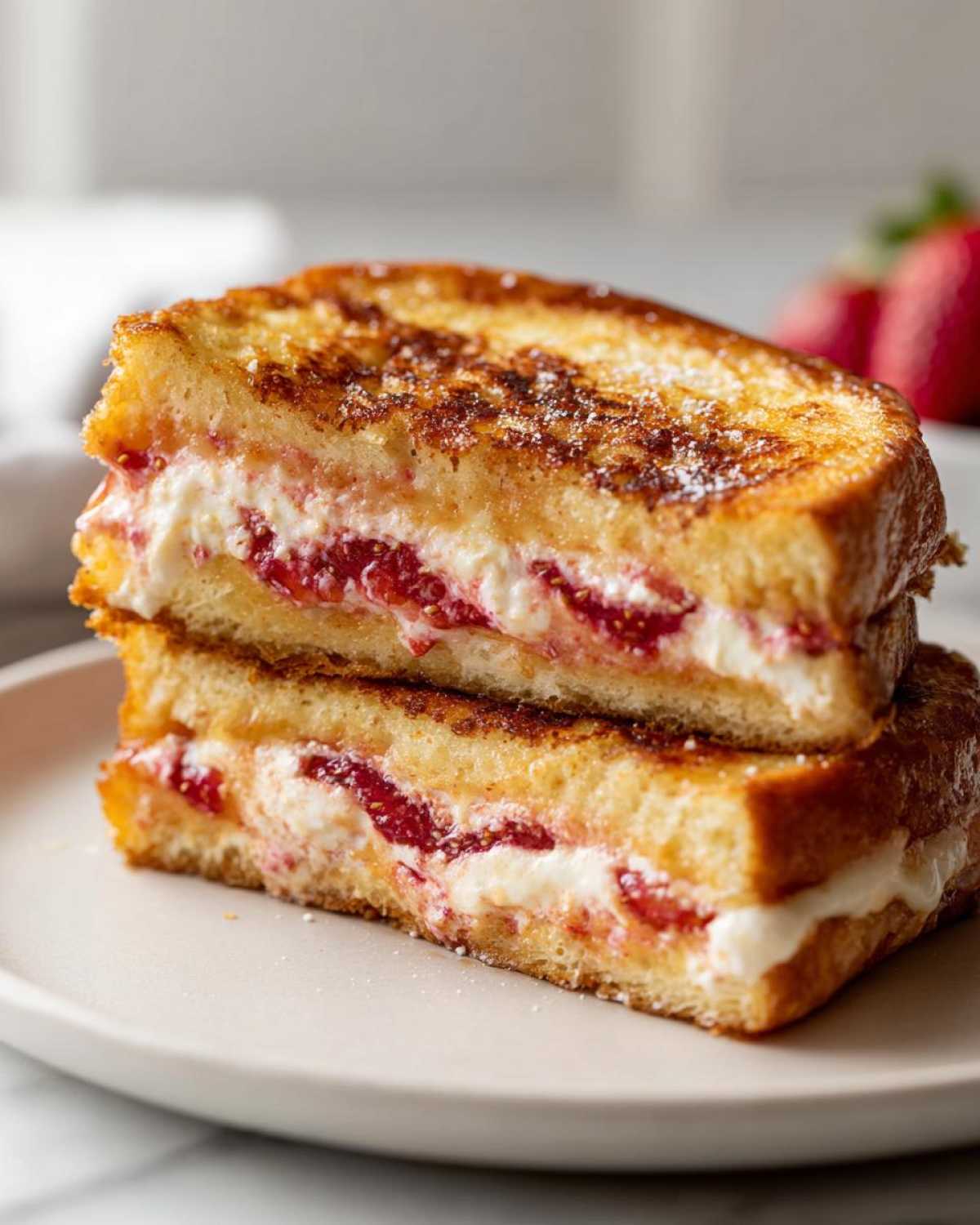 Two halves of golden brown Strawberry Cream Cheese Stuffed French Toast stacked, showing creamy filling and fruit.