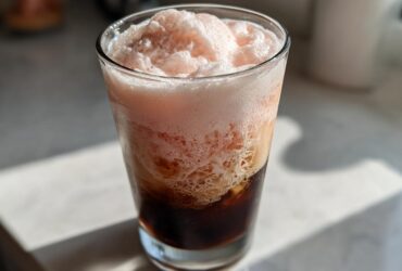 Close-up of Strawberry Cream Cold Brew showing dark coffee layered beneath thick, pink, frothy strawberry cream topping.