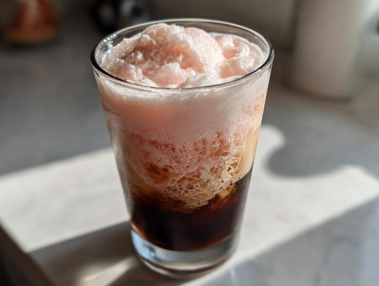 Close-up of Strawberry Cream Cold Brew showing dark coffee layered beneath thick, pink, frothy strawberry cream topping.