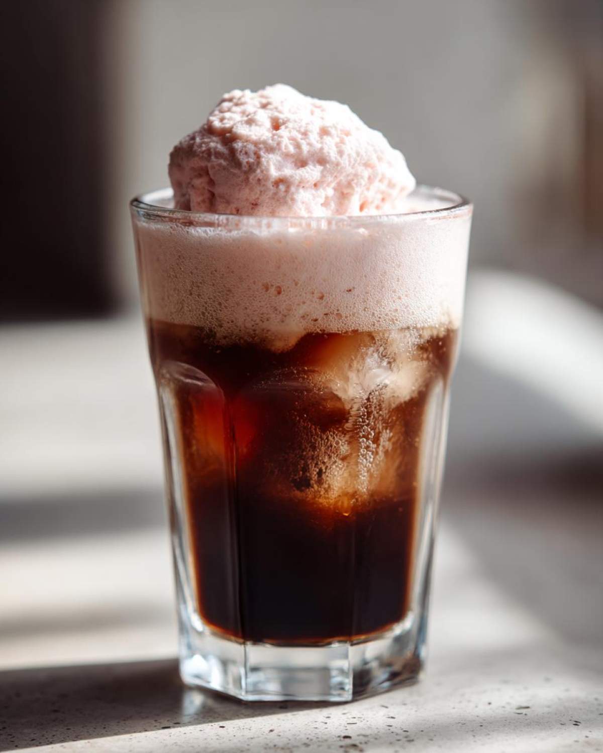 A tall glass filled with dark cold brew coffee, ice, and topped with pink strawberry cream for a Strawberry Cream Cold Brew float.