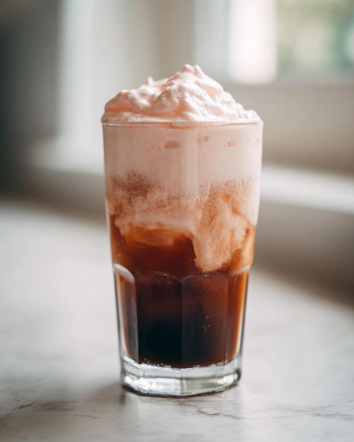A tall glass filled with dark cold brew coffee topped with fluffy pink strawberry cream foam.